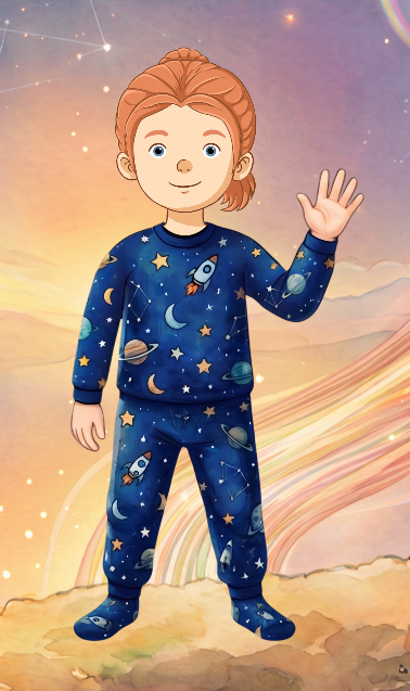 A Cosmic Quest hero character in starry pajamas waving